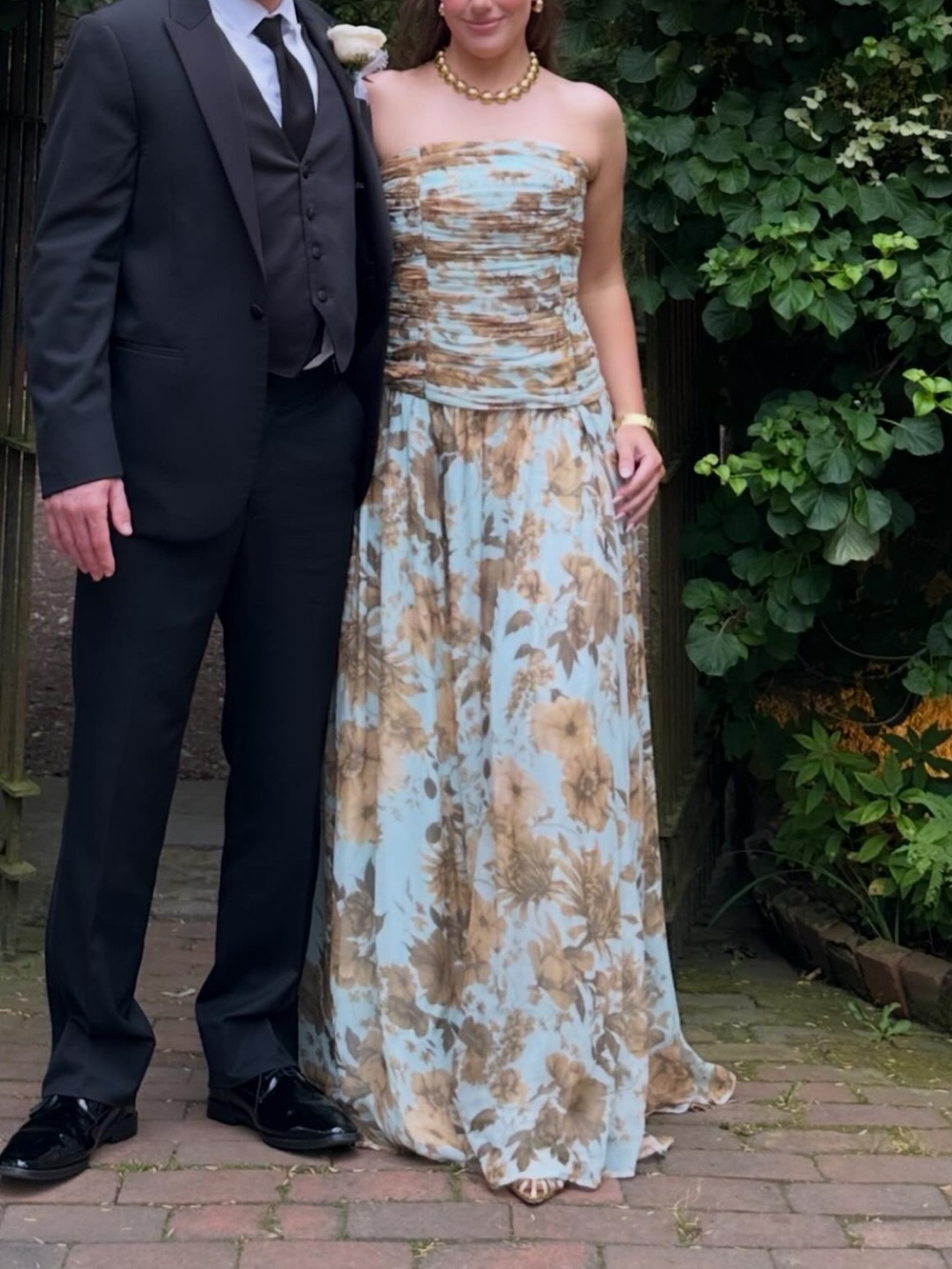 Anthropologie Strapless Floral Maxi Dress in Light Blue and Tan